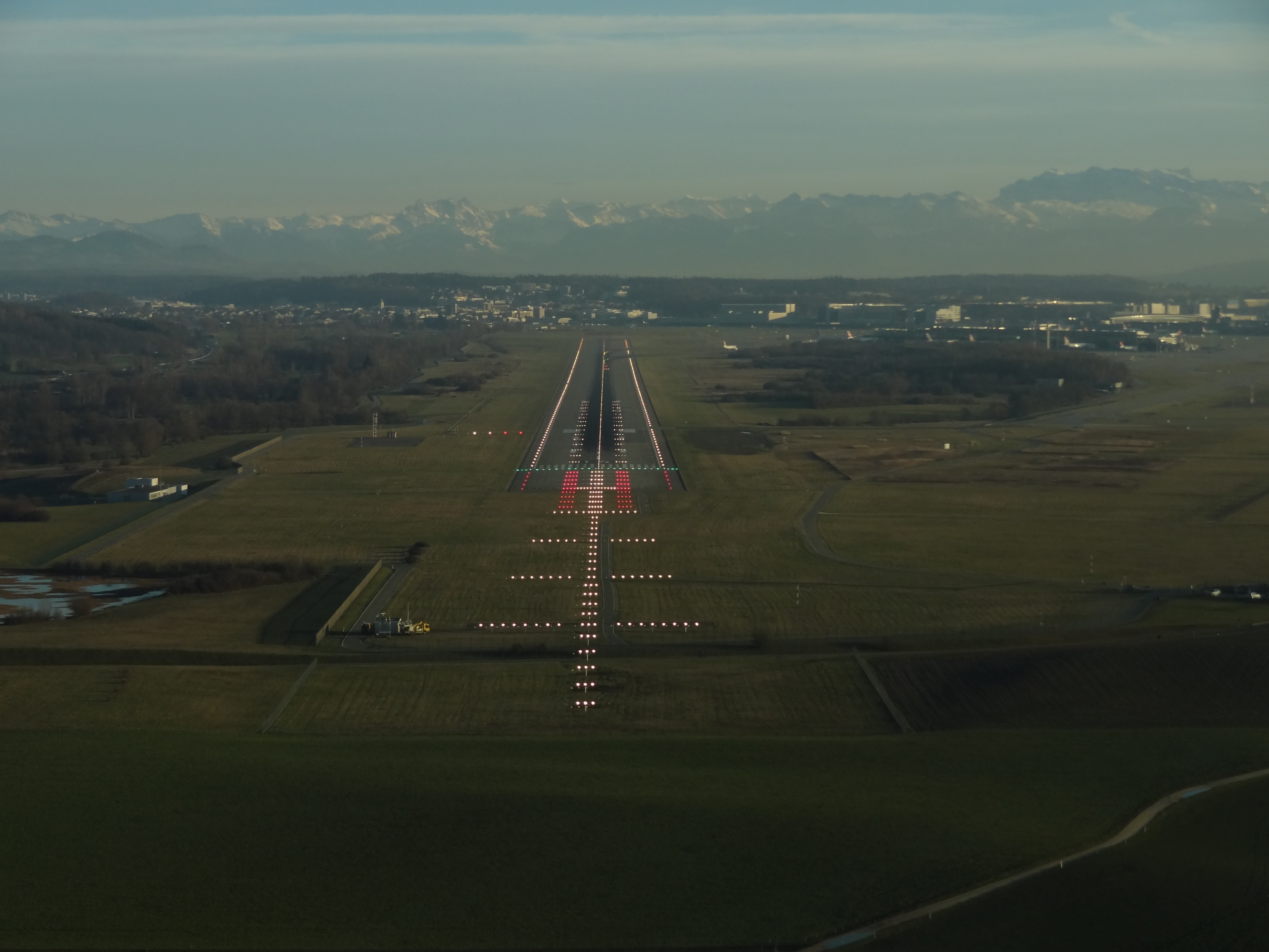 Approach Lights, runway 14, alps in the background, LSZH, Zurich